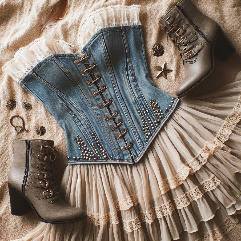 Denim corset concept with lace trim and studded detailing, styled with buckle boots