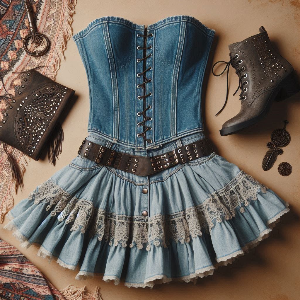 Two-tone denim corset with tiered lace skirt and leather belt