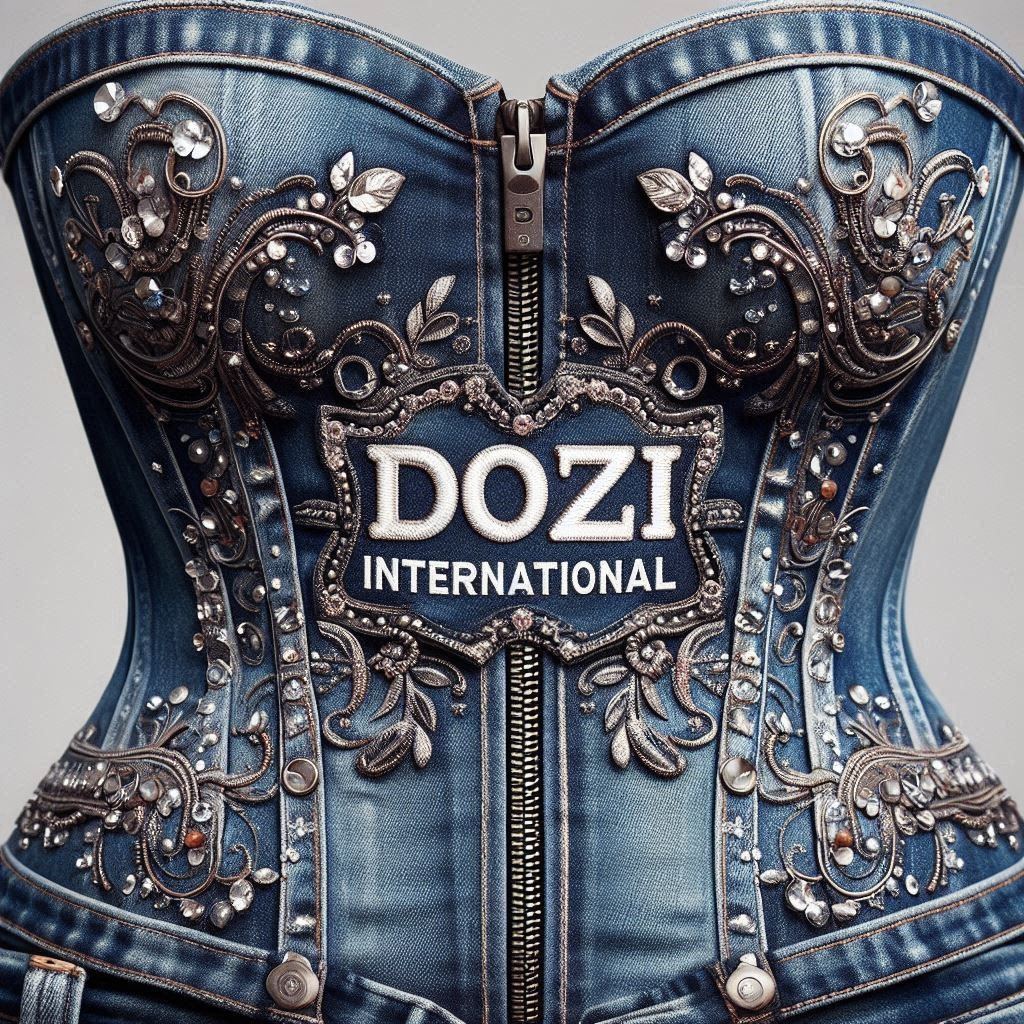 Denim corset front detail with embroidered Dozi International hang tag and crystal embellishment