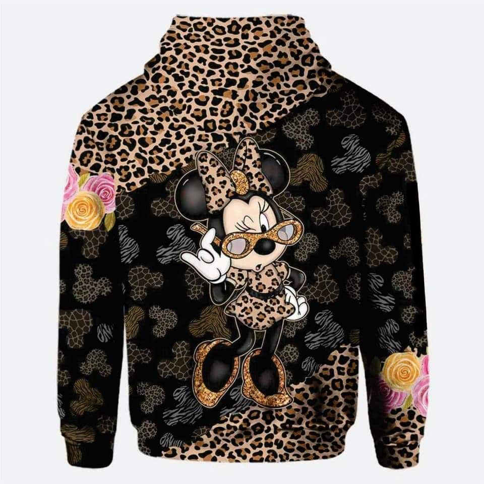 Leopard print hoodie with cartoon character graphic and floral sleeve
