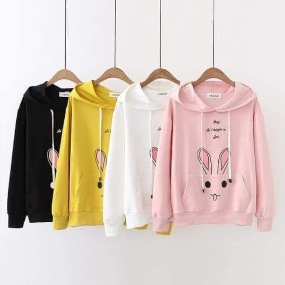 Multicolor bunny print hoodies, black, yellow, white and pink