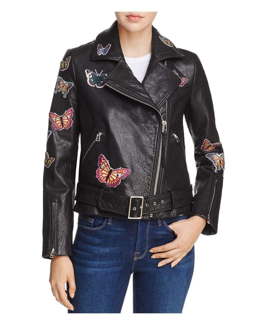 Black leather biker jacket with embroidered butterfly patches