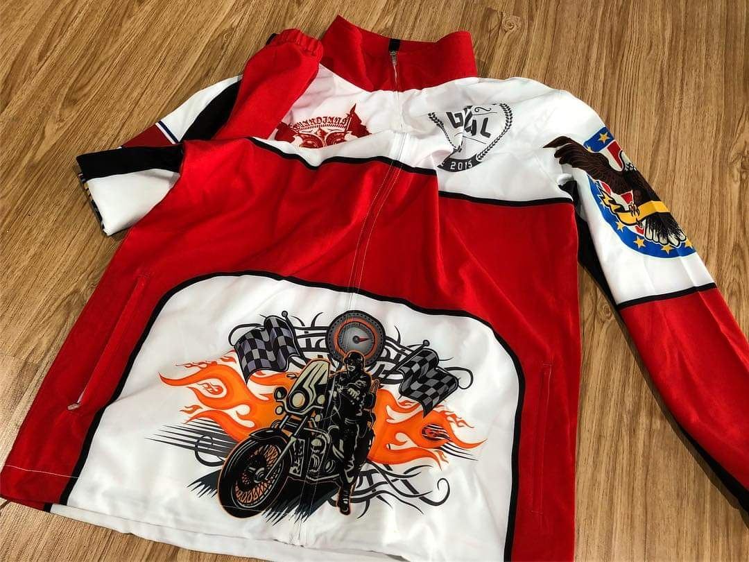 Red and white motorcycle racing jacket, back graphic
