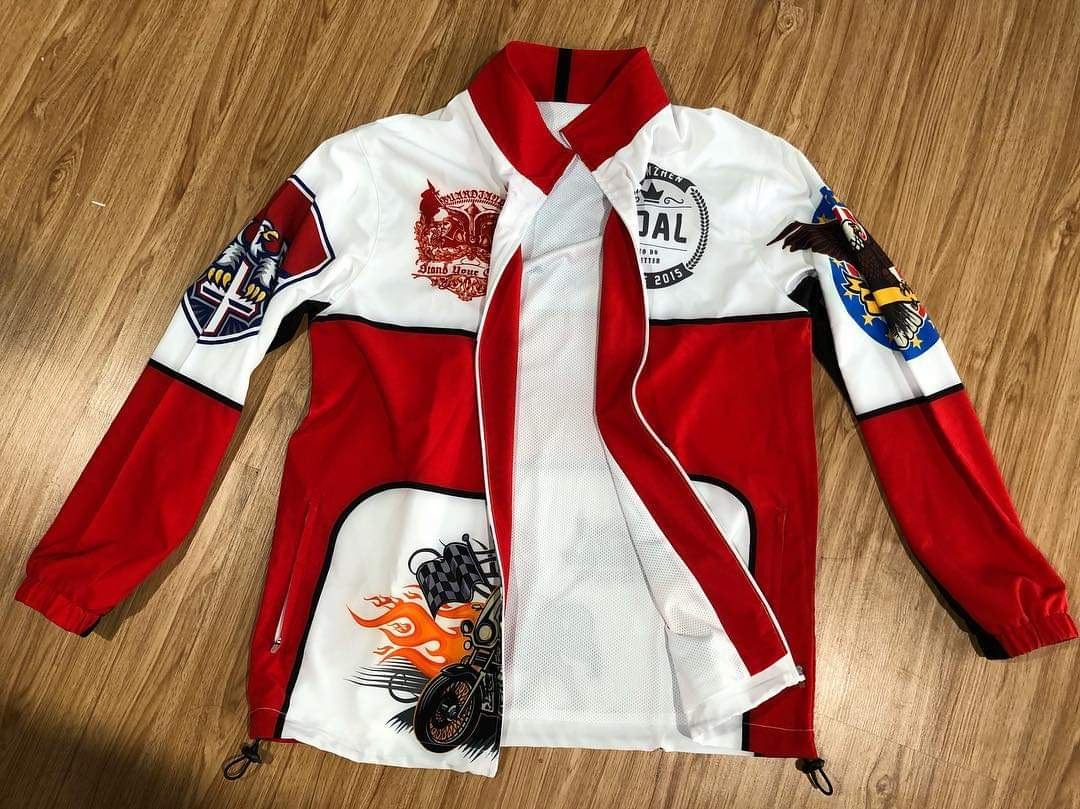 Red and white motorcycle racing jacket, open front with mesh lining