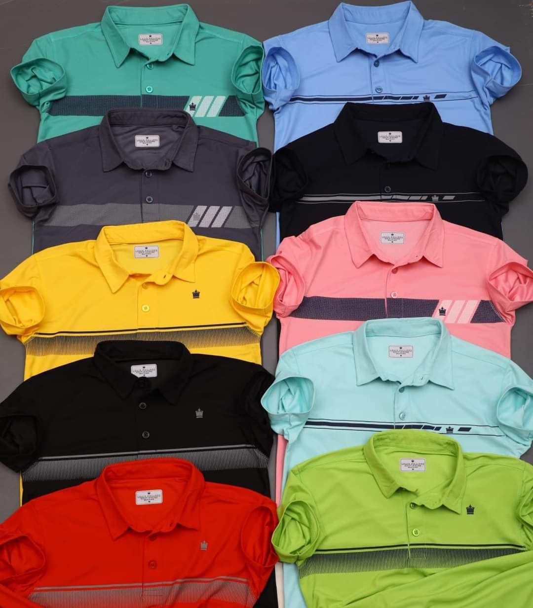 Ten colorway golf polo shirts laid out in a grid