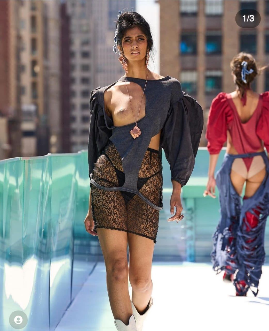 Runway look, sheer lace cutout dress