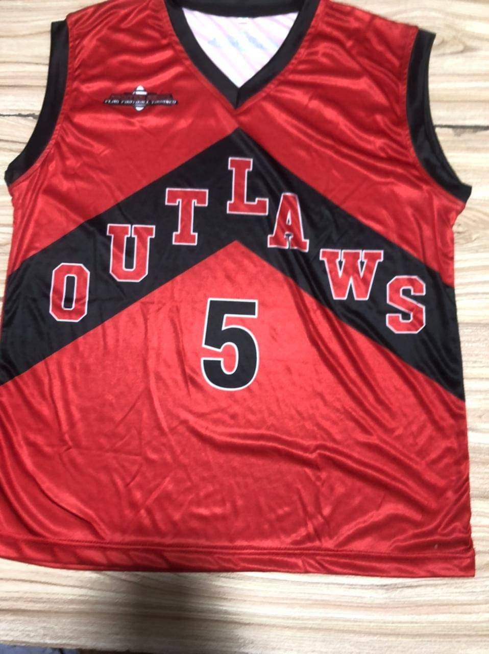 Outlaws basketball jersey, red and black