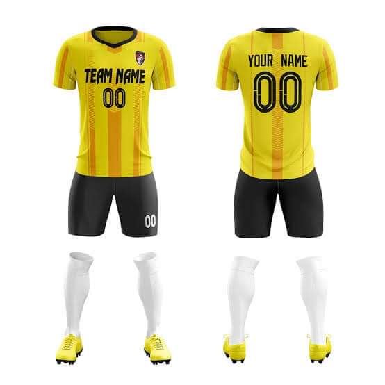 Yellow custom soccer kit template with team name and number