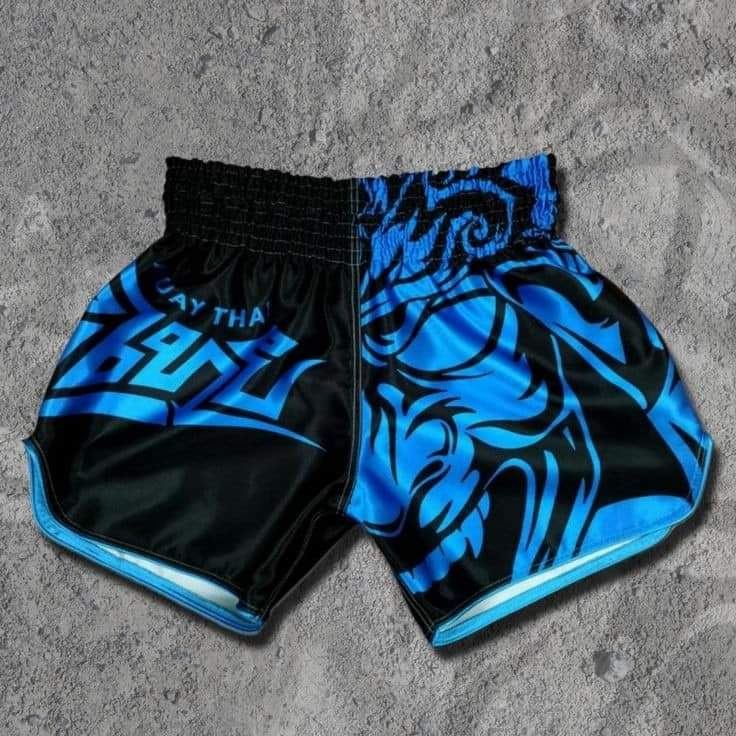Blue and black Muay Thai fight shorts