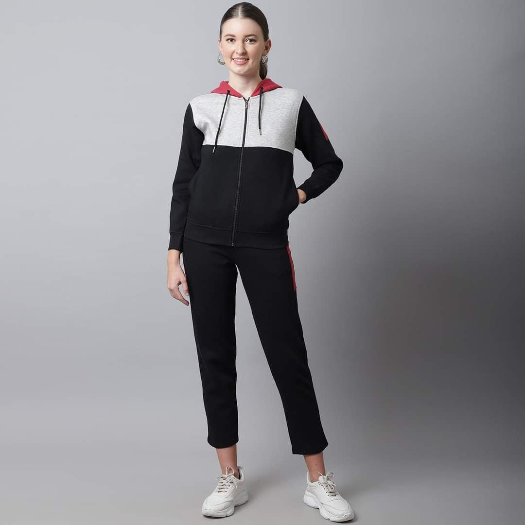 Grey black and red colorblock tracksuit, front view on model