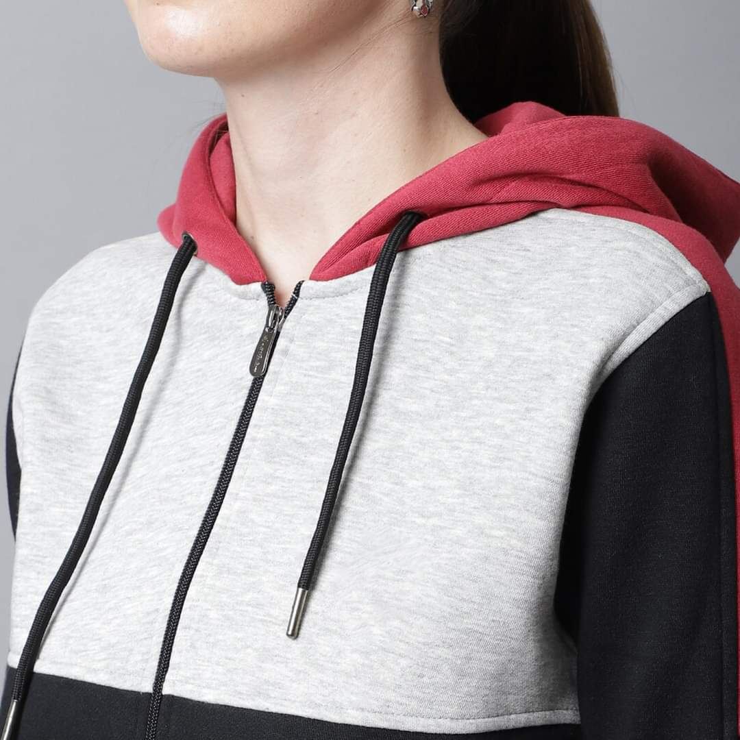 Close-up of hood and zip pull on colorblock hoodie