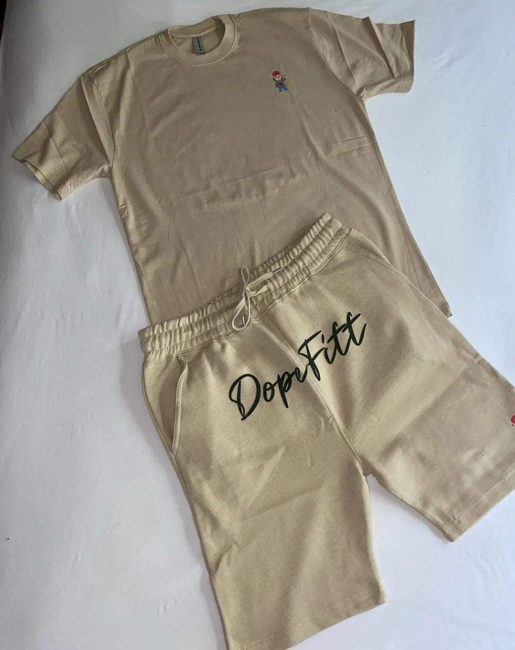 Tan tee and shorts set with DopeFitt embroidered branding