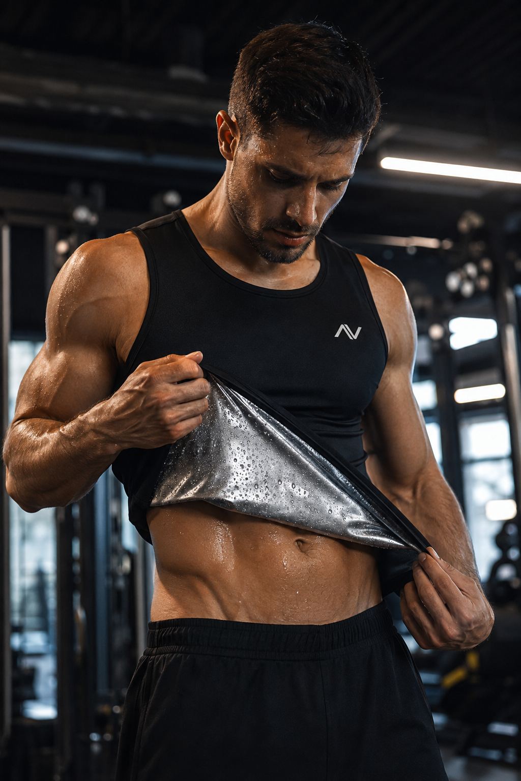 Man wearing black compression tank with reflective panel