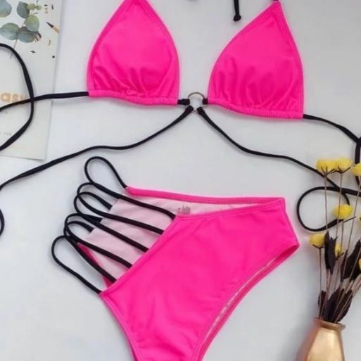 Pink bikini set with black strap detailing